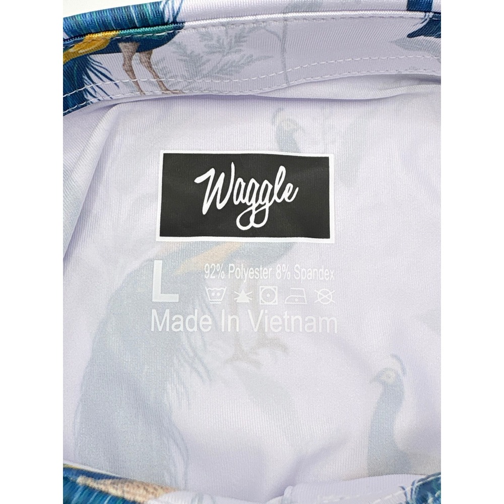 Waggle Peacocking Polo Men Large White Blue Peacock Print Golf Performance Shirt - Picture 6 of 8
